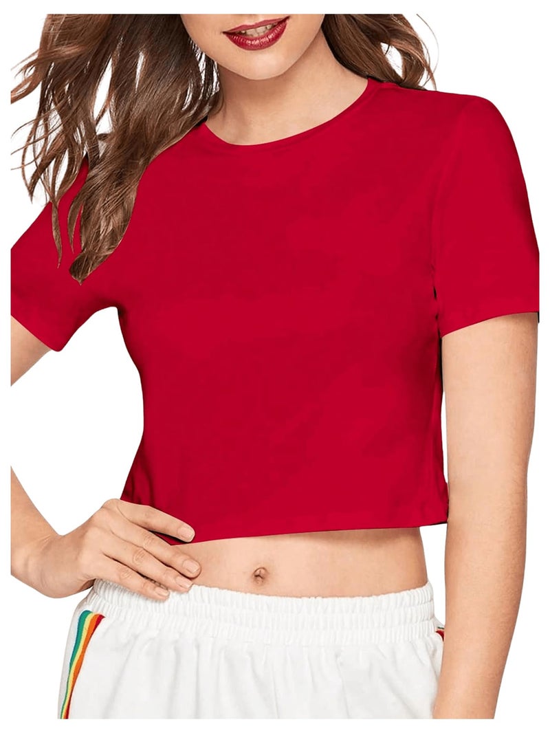 SweatyRocks Women's Casual Short Sleeve Crew Neck Basic Crop Top T Shirts Red L - Image 5